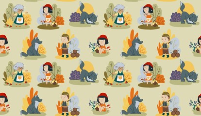 Vector seamless pattern. Red hood fairytale, girl character, wolf and lumberjack  - obrazy, fototapety, plakaty