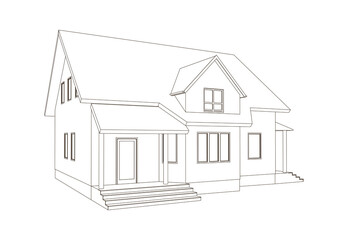3D suburban house model. Drawing of the modern building. Cottage project on white background. Vector blueprint.