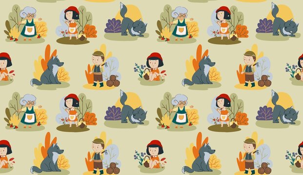 Vector seamless pattern. Red hood fairytale, girl character, wolf and lumberjack 