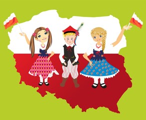 red and white composition with the contours of Poland and children in national costumes standing against the background of the map of Poland 