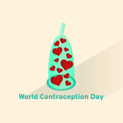 World Contraception Day. The hearts are inside the condom. Concept: health and prevention of unwanted pregnancy and sexually transmitted diseases. Vector illustration, flat cartoon, isolated, eps 10.
