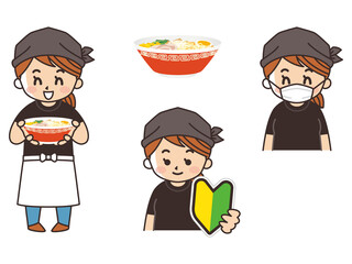 ラーメン屋の女性店員　求人募集　初心者マーク　マスク着用