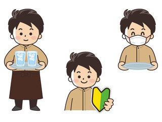 レストランのウエイター　求人募集　初心者マーク　マスク着用