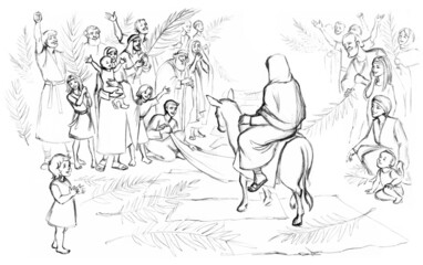 Fototapeta na wymiar Jesus' Entry into Jerusalem. Pencil drawing