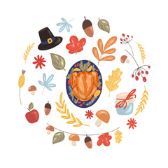 Thanksgiving day set with roast turkey on a platter, leaves, flowers, berries, mushrooms, hat. Vector illustration in cartoon style