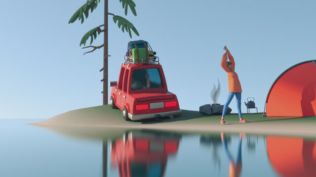 Cartoon guy tourist stretches early in the morning on river bank. 3d render of landscape with tent, campfire, blue sky, lonely tree, funny red retro car with green suitcase strapped to steel roof rack