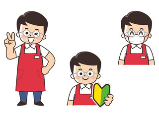 スーパーマーケット店員の男性　求人募集　初心者マーク　マスク着用