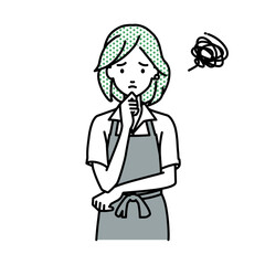 立って手をあごにあてて困っているカフェ店員の女性