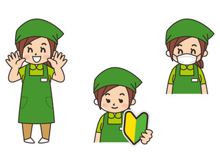 スーパーマーケット店員の女性　求人募集　初心者マーク　マスク着用