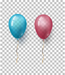 two balloons in blue and pink for children's cards or a gender party. Transparent realistic children's balloon. Vector illustration, clipart