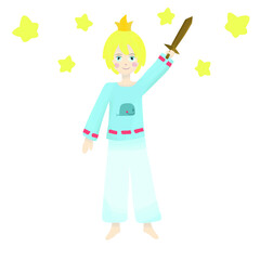 A little boy in pajamas before going to bed imagines himself as a prince with a wooden sword. Hand-drawn illustration.