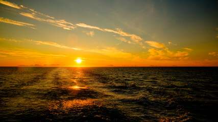 Sunset and sunrise over the sea and Lofoten archipelfgo from the Moskenes - Bodo ferry, Norway