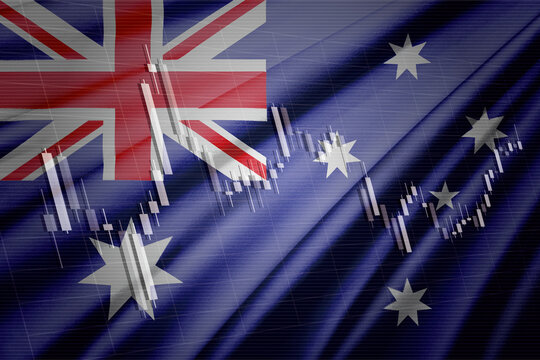 A flag that combines the Australian flag, stock chart, and candlestick. Computer graphics.
