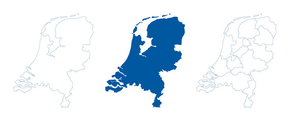 Netherlands map vector. High detailed vector outline, blue silhouette and administrative divisions map of Netherlands. All isolated on white background. Vector illustratin