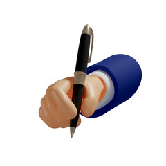 3d hand holds a pen. To take notes, to write down. Isolated illustration on white background, 3d rendering