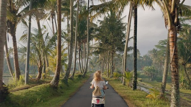 travel woman riding motorcycle on tropical island road trip enjoying motorbike ride on vacation through rice fields and palm trees 4k