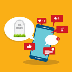 Social media concept - Viral content, social activity and smm - likes, shares and comments popping up on the mobile screen, with a speech bubble and a tombstone with rest in peace privacy text.  