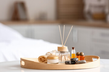 Tray with beautiful spa composition in salon