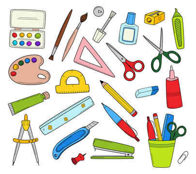 A set of school stationery and office supplies. Doodle icon set. Hand-drawn decorative elements. Black and white outline vector illustration. Isolated on a white background.