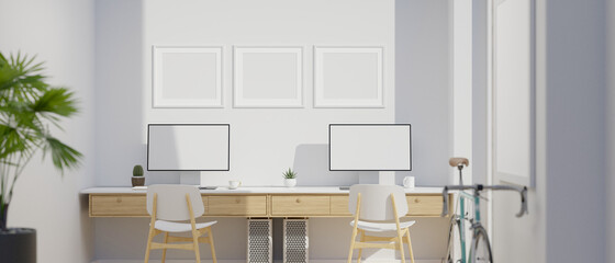 Modern office studio interior design with two desktop computer mockup, 3d rendering