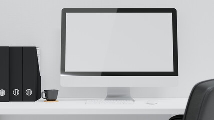 Computer desk with blank screen computer mockup, black and white interior style, 3d rendering