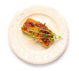 Delicious casserole with minced meat on white background