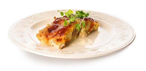 Delicious casserole with minced meat on white background
