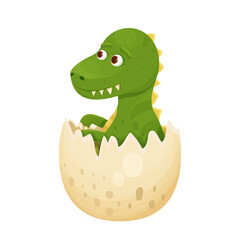 Cute dinosaur baby in egg hatching in cartoon style isolated on white background. Animal, reptile little adorable monster. 