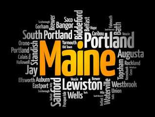 List of cities and towns in Maine USA state, word cloud concept background