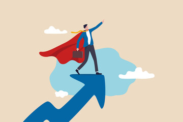 Success leader, business professional with super power, company hero who succeed in work and achieve career growth concept, confident businessman superhero with powerful red cape stand on growth arrow - obrazy, fototapety, plakaty