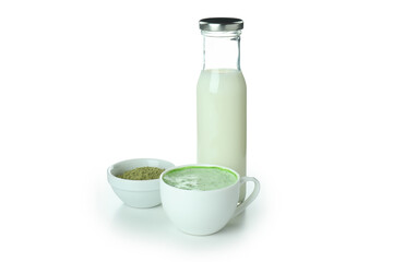 Obraz na płótnie Canvas Cup of matcha latte, matcha powder and milk isolated on white background