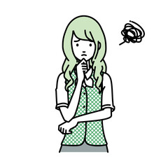 立って手をあごにあてて困っている事務員制服の女性