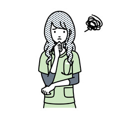 立って手をあごにあてて困っている看護師の女性