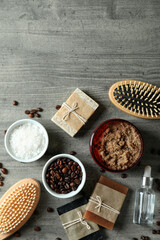 Natural spa cosmetics on gray textured table