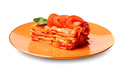Plate with piece of tasty tomato lasagna on white background