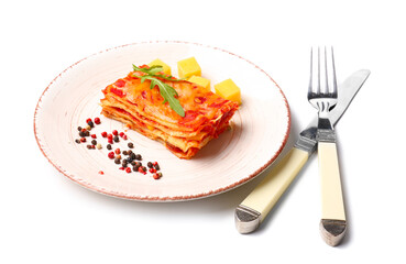 Plate with piece of tasty tomato lasagna and cheese on white background