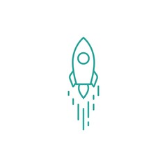 Outline rocket ship with fire. Isolated on white. Flat line icon. Vector illustration with flying rocket.