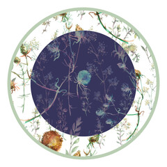 Round plate, element for design with a floral pattern.
Wild herbs and flowers. Meadow, mountain, prairie plants. Burdock , juniper, horsetail, branch, leaf, stem. Botanical painting. Medical plant.