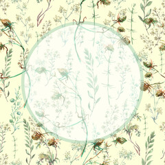 Round plate, element for design with a floral pattern.
Wild herbs and flowers. Meadow, mountain, prairie plants. Burdock , juniper, horsetail, branch, leaf, stem. Botanical painting. Medical plant.