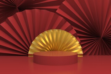 minimal red color background, minimalist mockup for podium display or showcase, 3d rendering.
