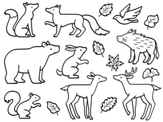 森の動物達の手書き風線画イラスト