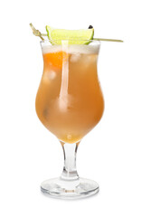 Glass of tasty whiskey sour cocktail on white background