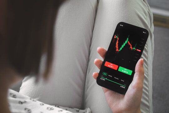 Stock market trading from home. Mobile phone with candlestick graps on screen. Investment and analysis concept background photo
