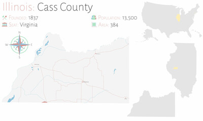 Fototapeta premium Large and detailed map of Cass county in Illinois, USA.