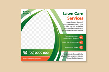 lawn care and gardening service flyer design template use green gradient color. brochure template design with horizontal layout. leaf shape for photo space. 