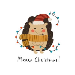 Merry Christmas. Cartoon hedgehog, hand drawing lettering. holiday theme. Colorful vector illustration, flat style. design for greeting cards, print, poster