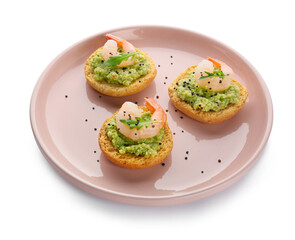 Tasty sandwiches with guacamole and shrimps on white background
