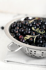Colander with ripe black currant on light background