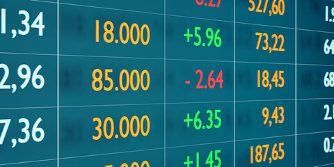 Close-up spread sheet with numbers and data in different  colors for business or science themes. 3D illustration.