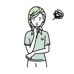 立って手をあごにあてて困っているポロシャツの女性